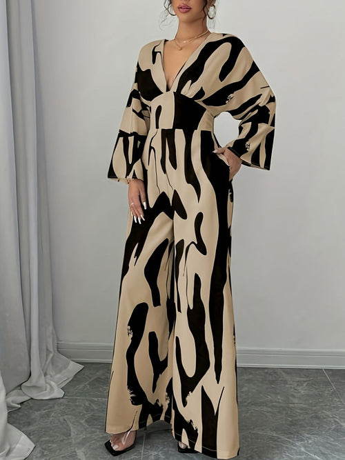 Abstract Print V-Neck Wide Leg Jumpsuit