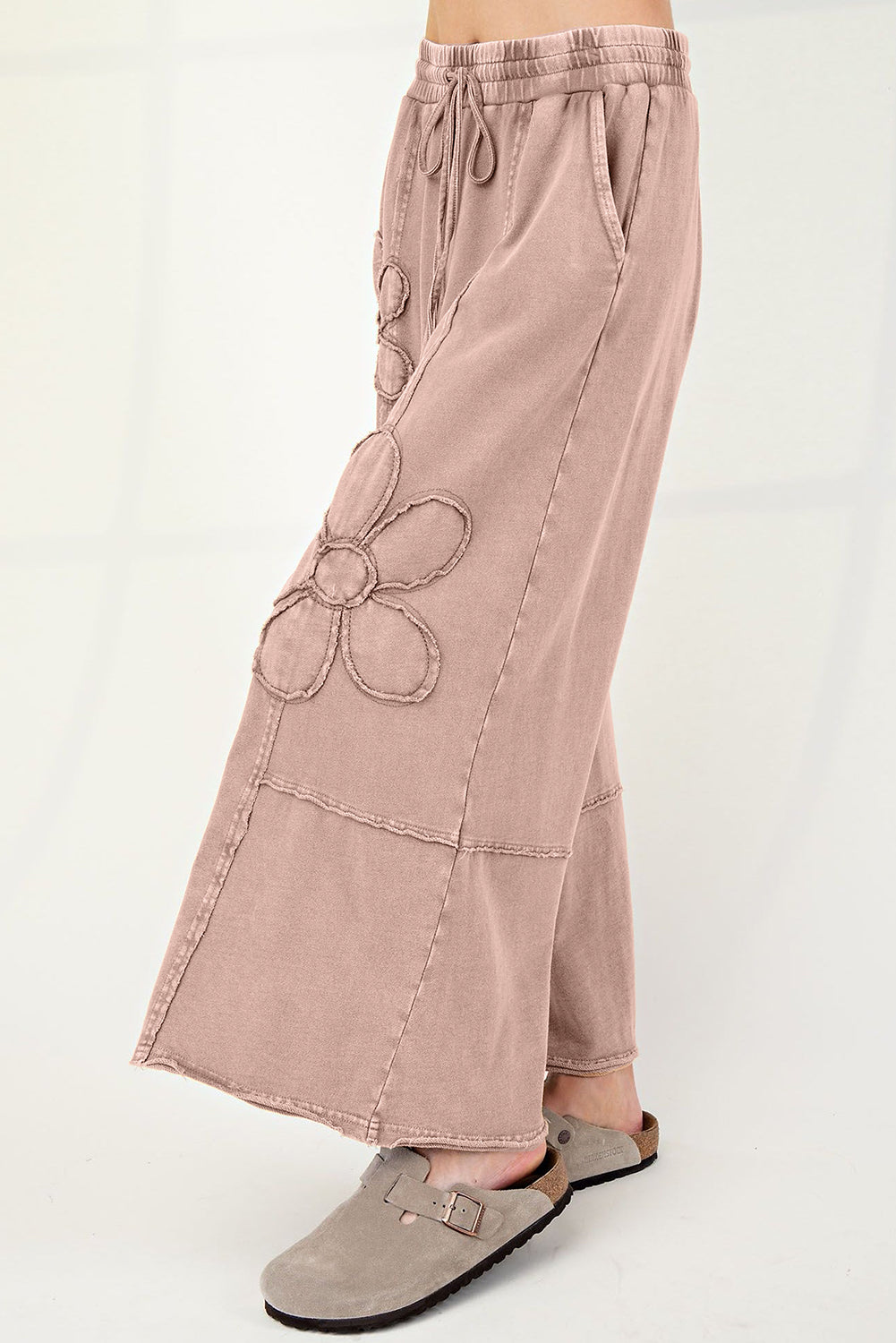 Buckskin Flower Patch Mineral Washed Terry Knit Cropped Wide Leg Pants